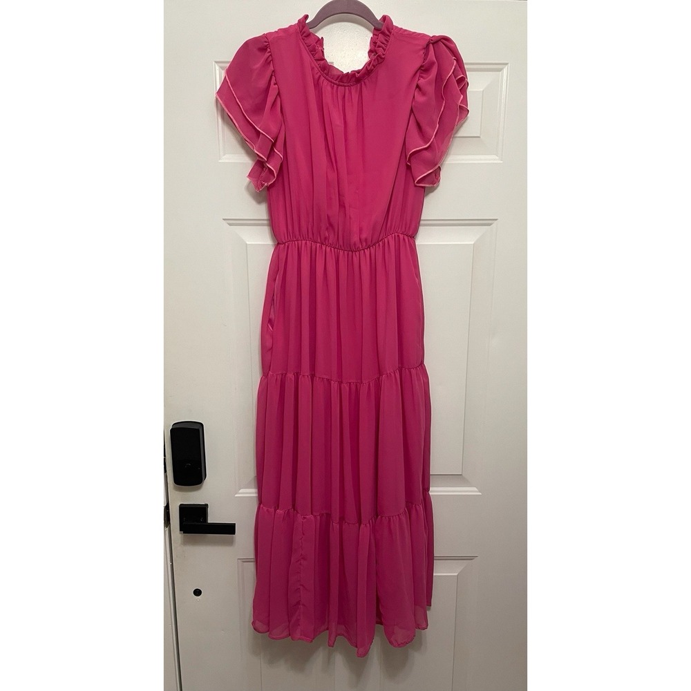 Haptics By Holly Harper Women M Pink Tiered Maxi Dress Flutter Sleeve Boho Chic
